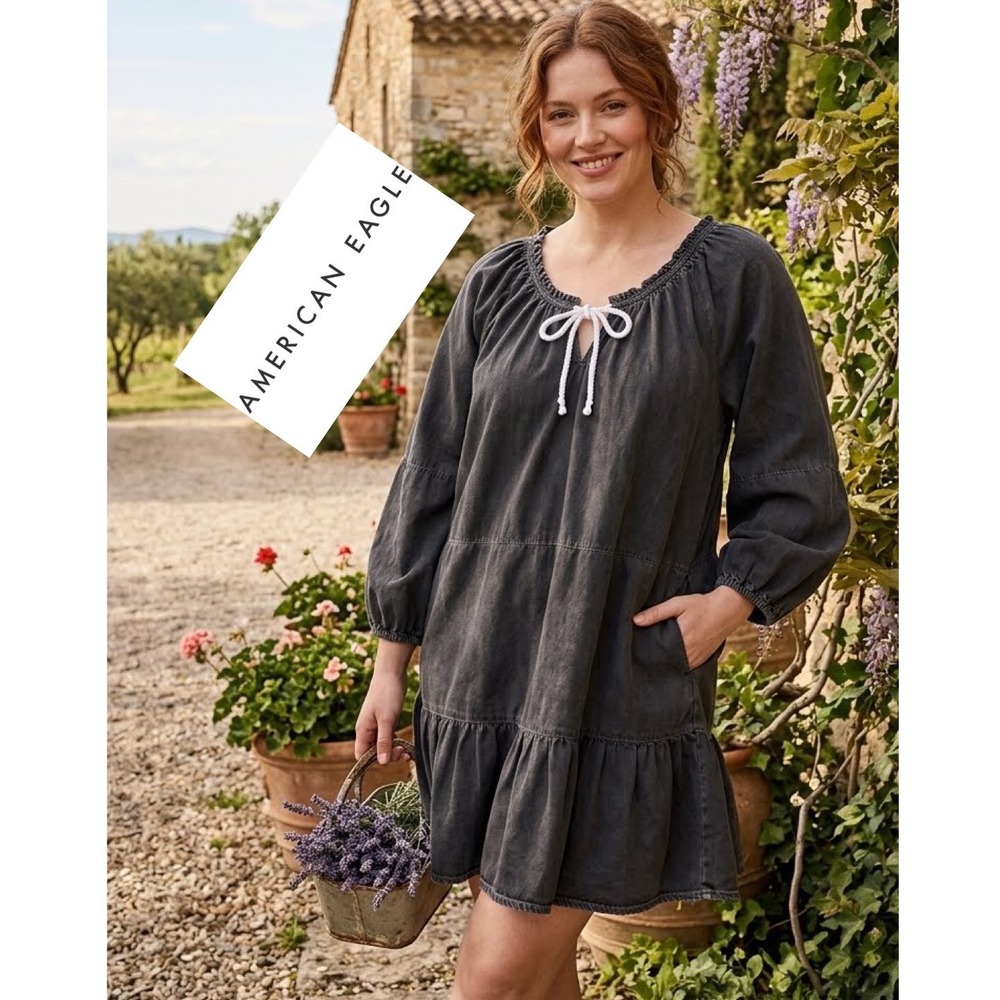 American Eagle Washed Black Denim Tiered Mini Dress Long Sleeve Pockets Small